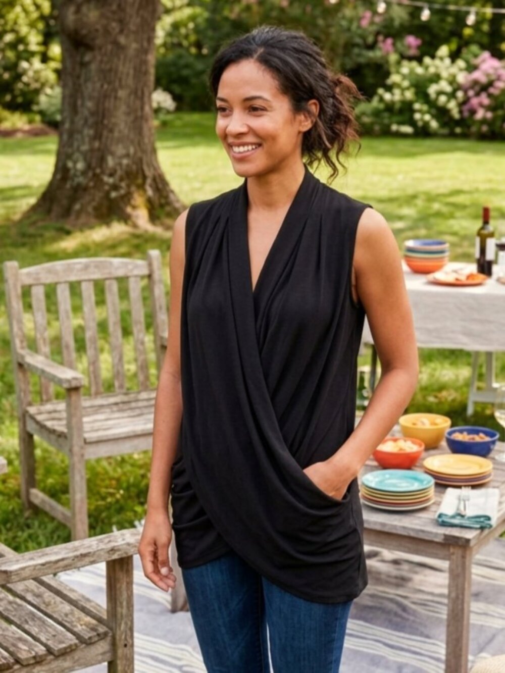 BCBG MAXAZRIA Sleeveless Drape Front Faux Wrap Tunic Top
